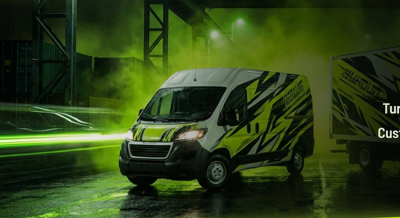 Branded cargo van and box truck with commercial wraps