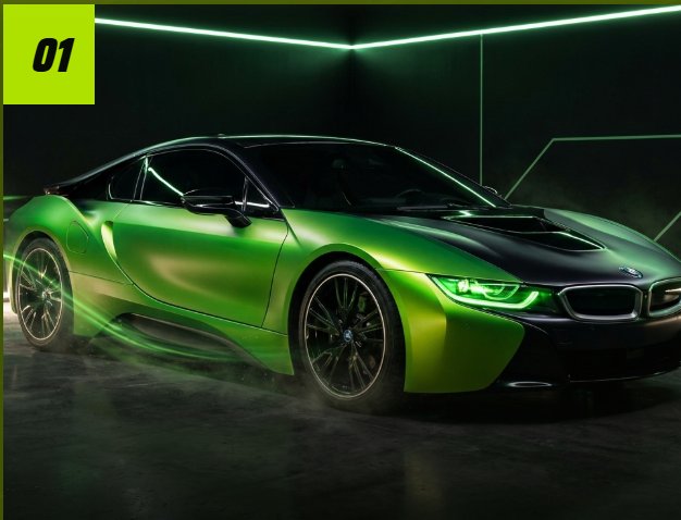 BMW i8 with a satin green color change wrap under neon light