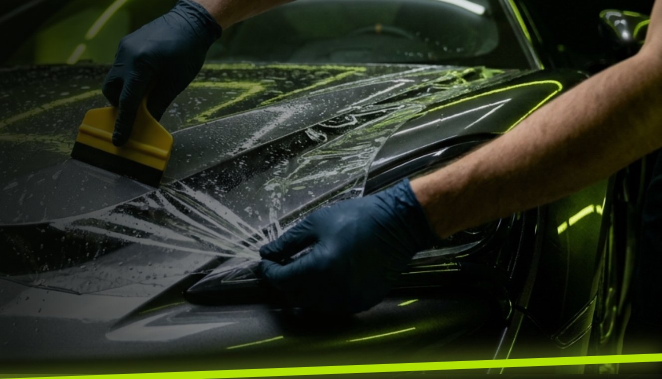Installer applying clear paint protection film on a car hood with a squeegee