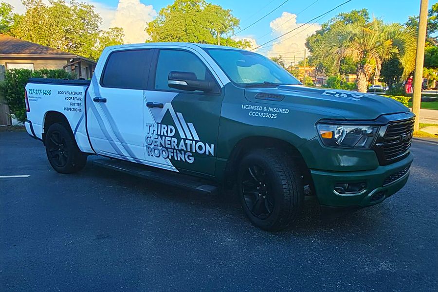 Front three-quarter view of the wrapped RAM 1500 showing the two-tone design