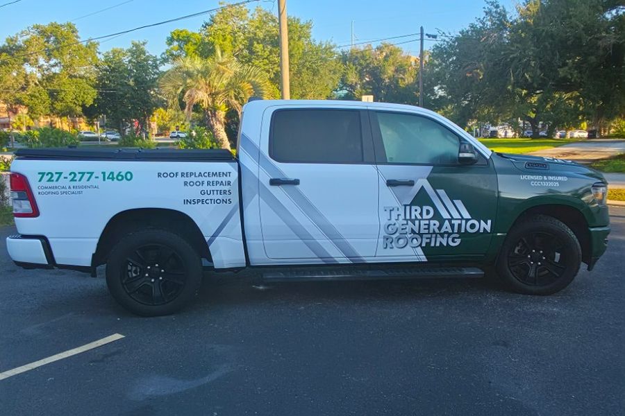 RAM 1500 pickup with a green and white commercial wrap for Third Generation Roofing